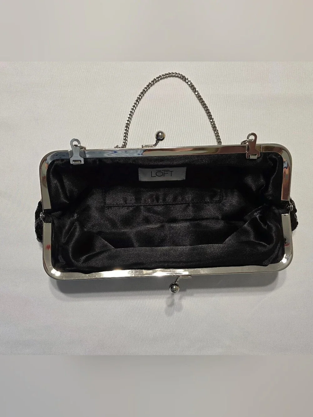 LOFT Black Sequin Evening Clutch with Silver Chain